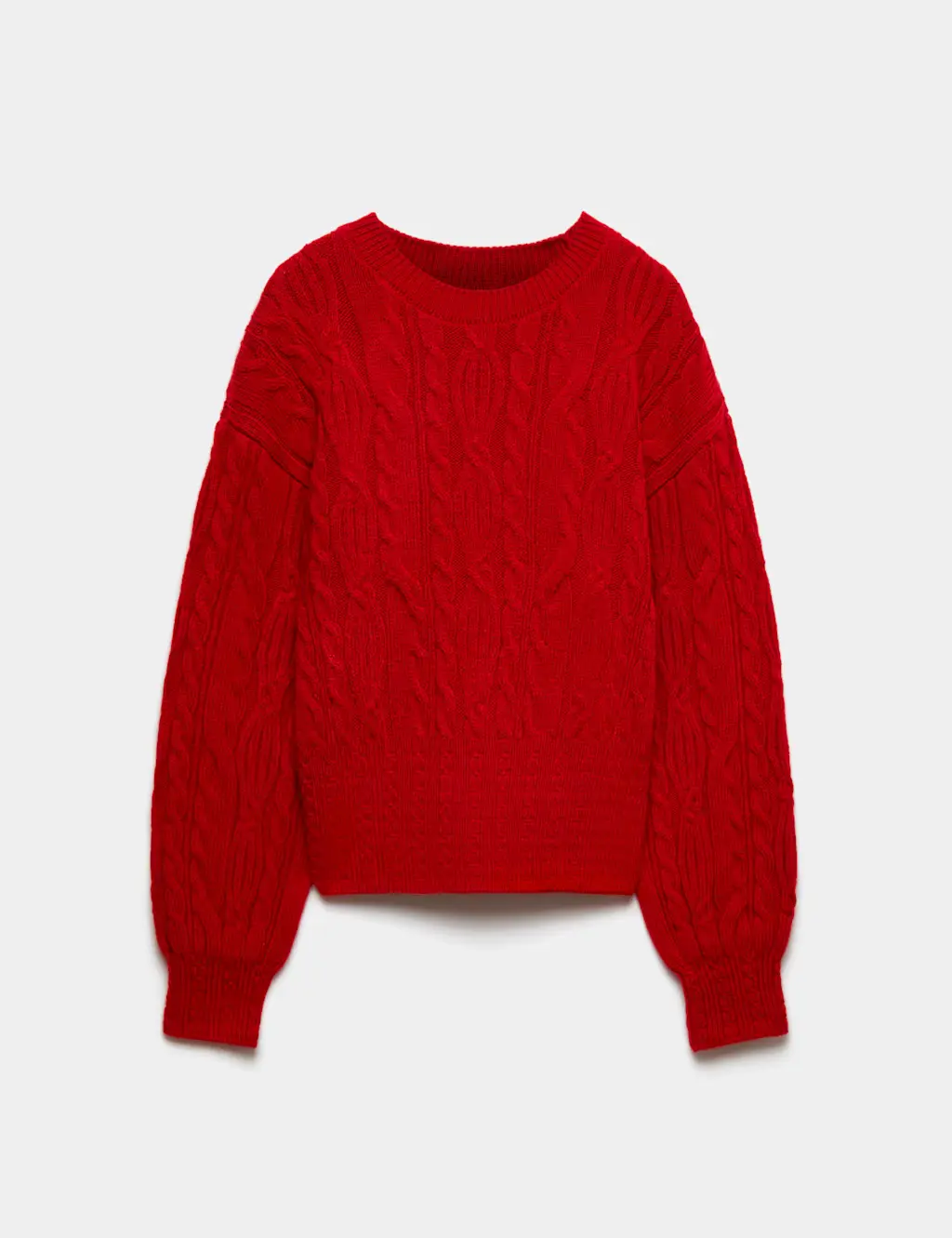 Red cable knitted jumper with a crew neck and long sleeves.