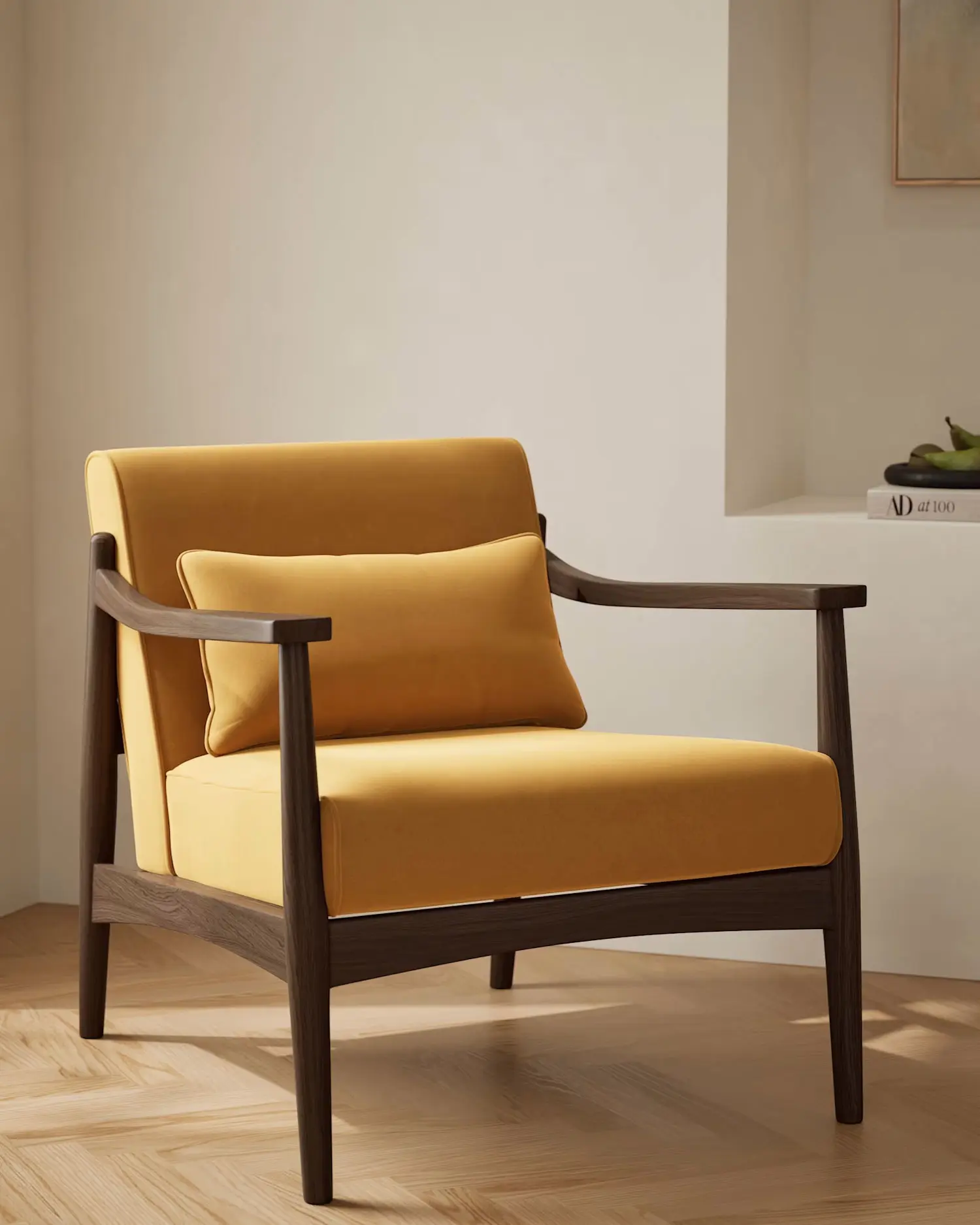 Wood and yellow fabric armchair