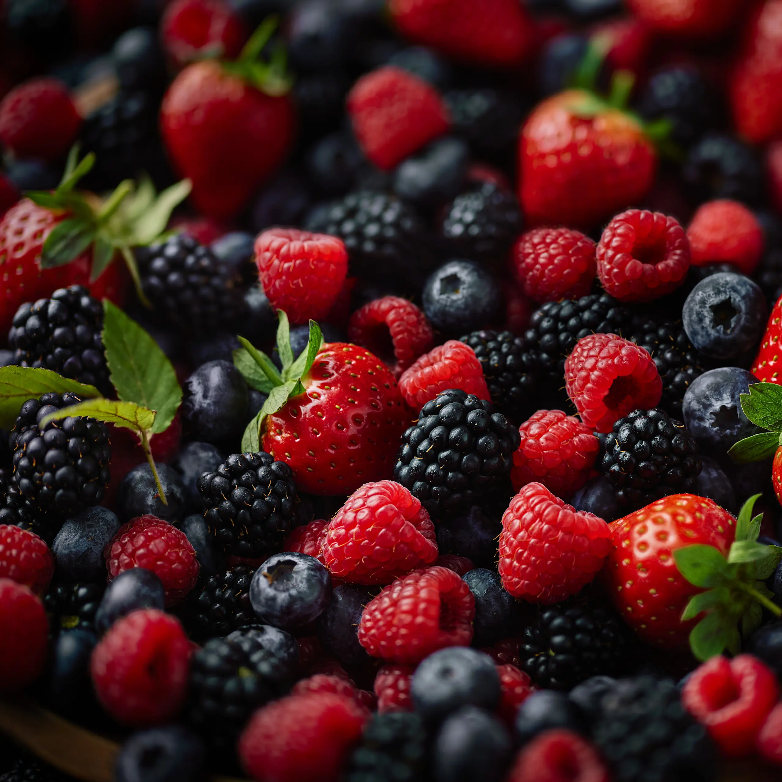 Close-up of strawberries, raspberries, blackberries and blueberries