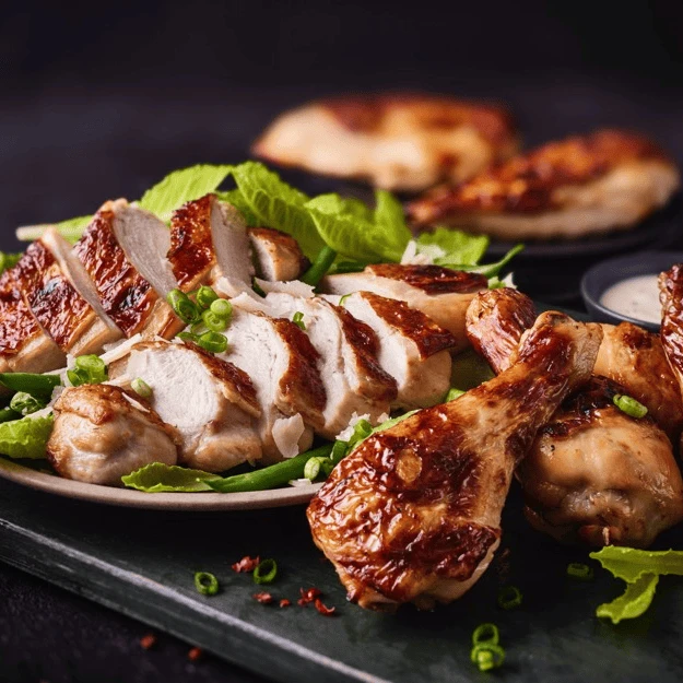 Chicken drumstick and slices of chicken on black plate