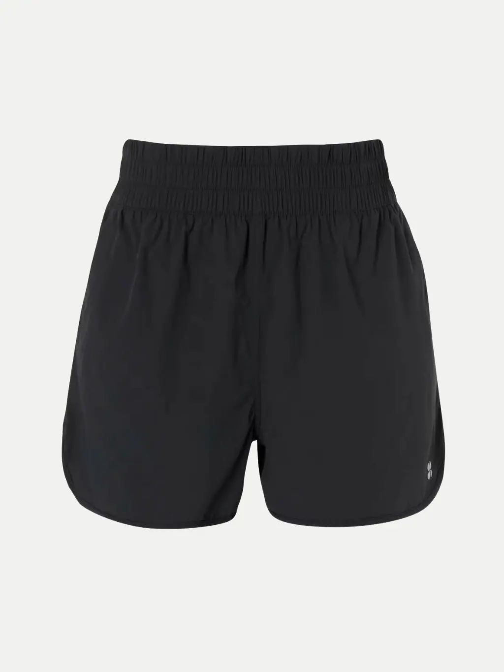 A cutout of black high wasited running shorts by Sweaty Betty