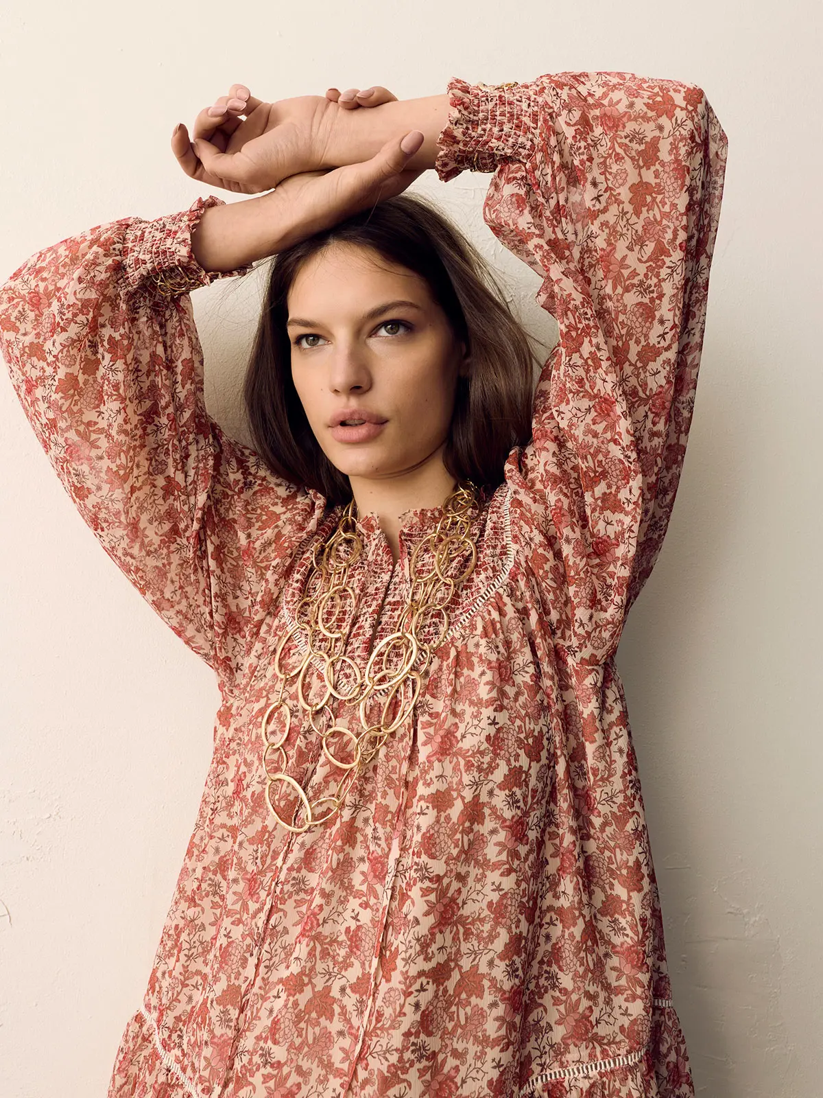 Woman wearing printed dress 
