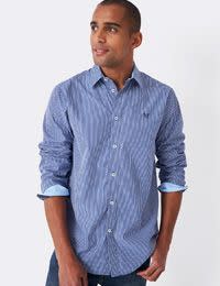 Man wearing blue stripe shirt. Shop 2 for £90 Crew shirts