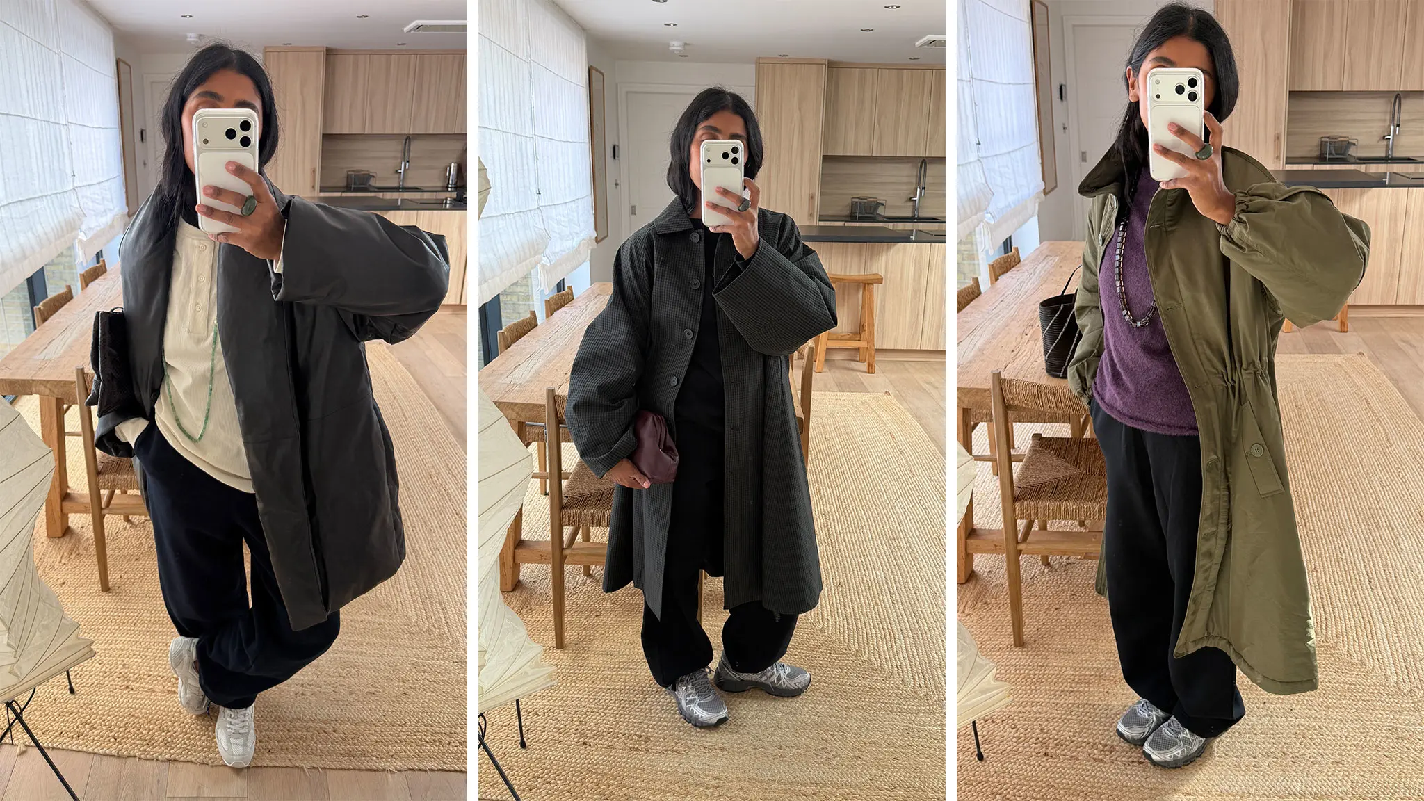 Three images of Monikh in overcoats