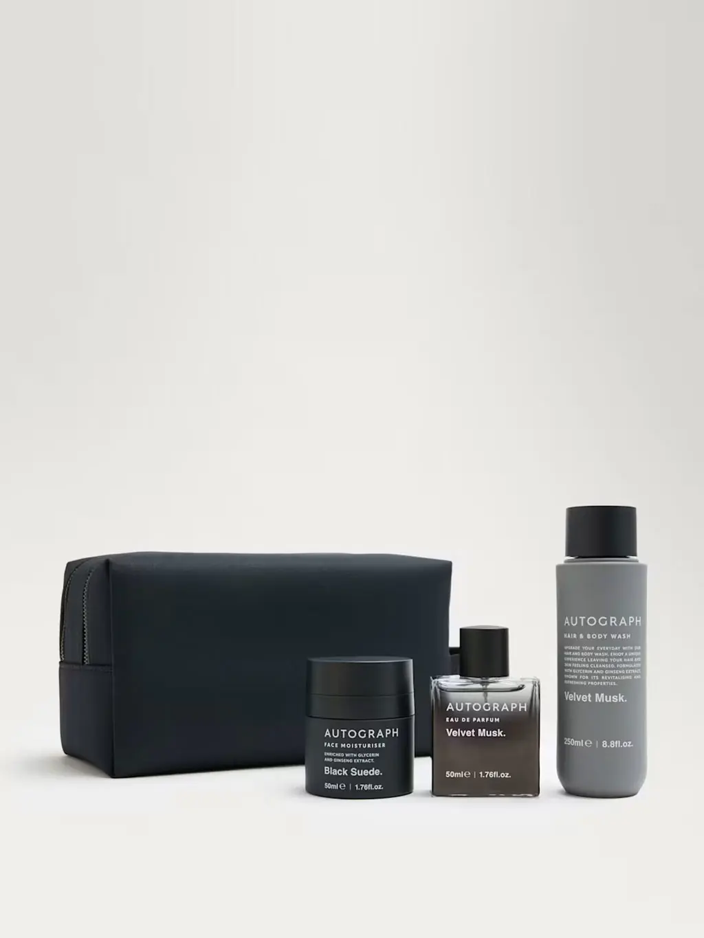 Autograph's travel essentials set, including a moisturiser, eau de parfum and a body wash.
