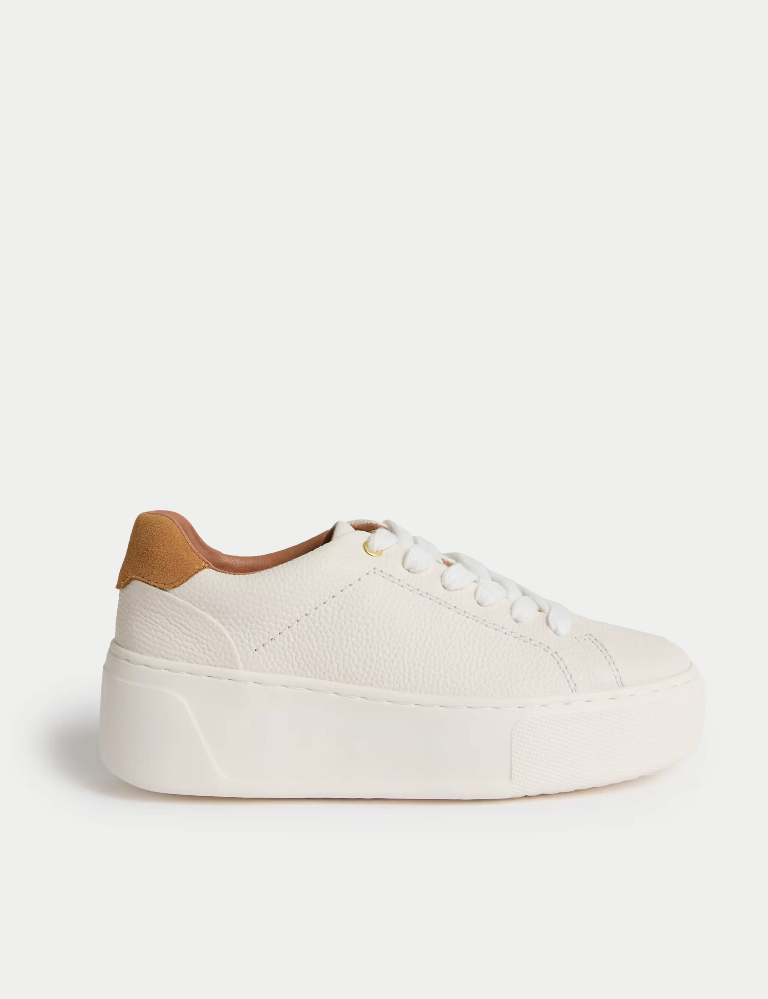 `Beige lace up trainers with a brown heel tab and chunky sole.