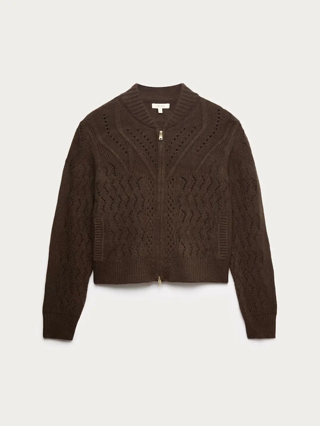 Brown pointelle knit bomber cardigan