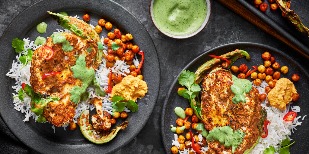 TANDOORI SPICED CAULIFLOWER WITH COCONUT RICE AND ROASTED CHICKPEAS