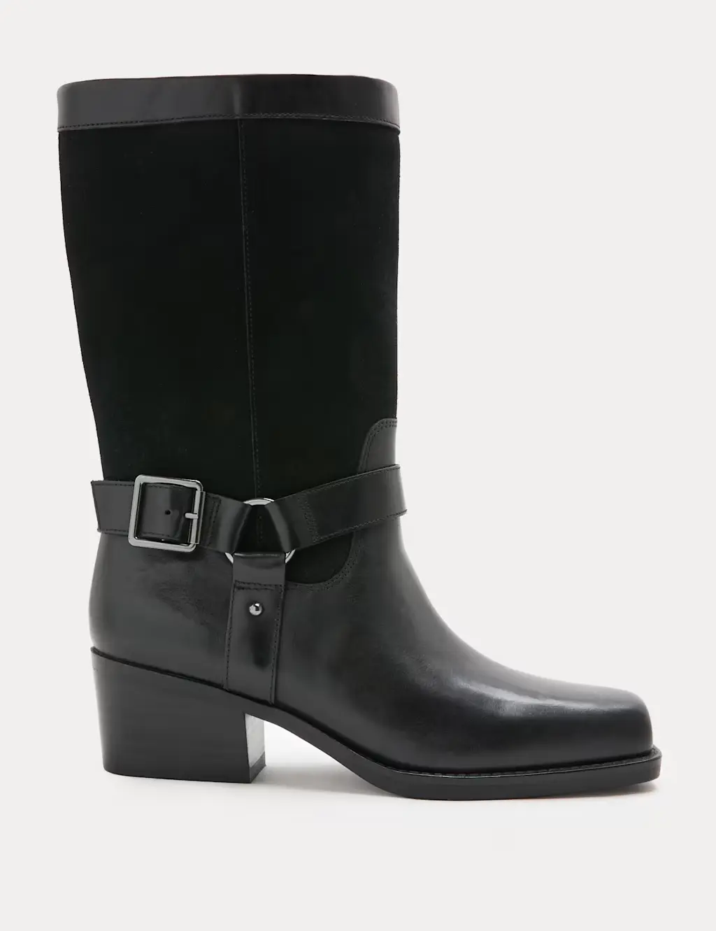 Leather Biker Buckle Block Heel Mid Calf Boots