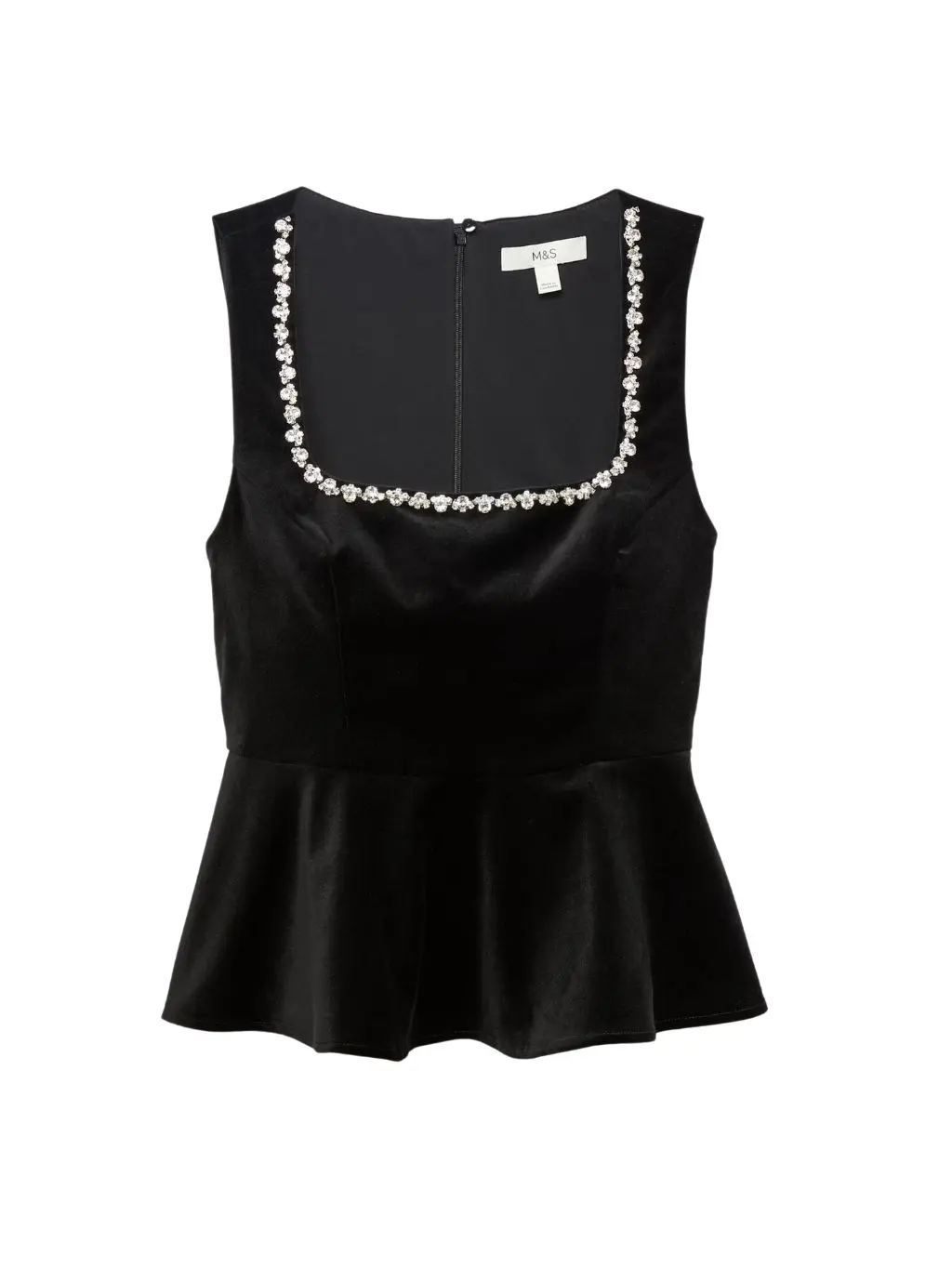 A cut out of a sleeveless velvet peplum top with embellished neckline