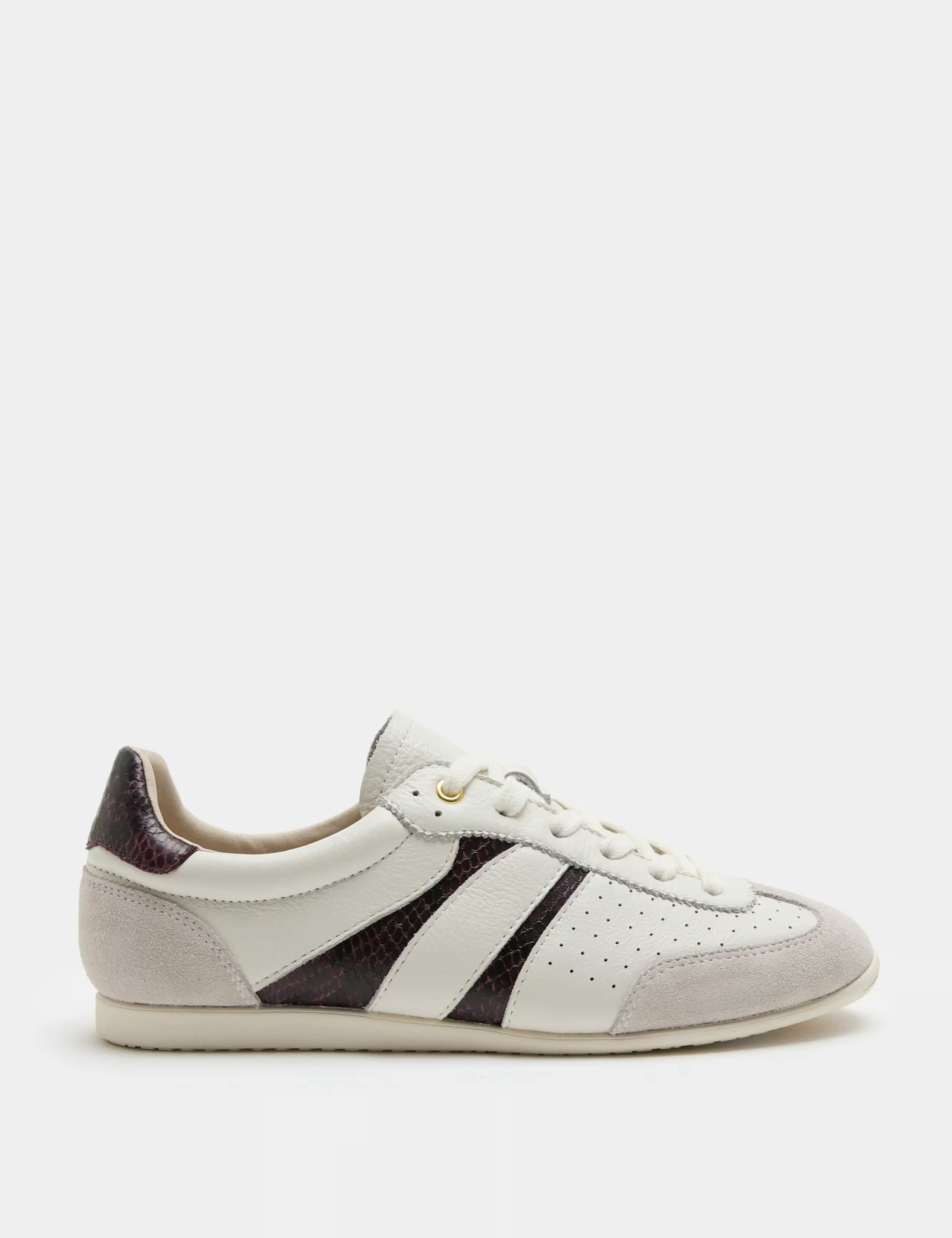 White trainers with black side panels and grey front panels.