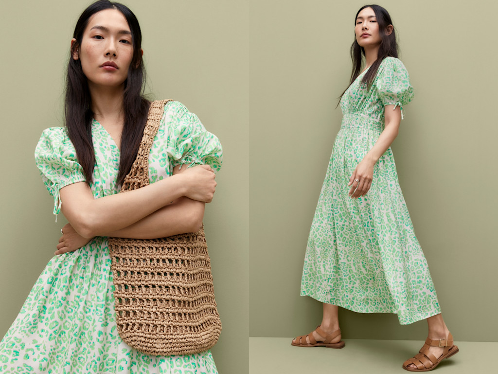Woman wearing green and white floral-print midi dress