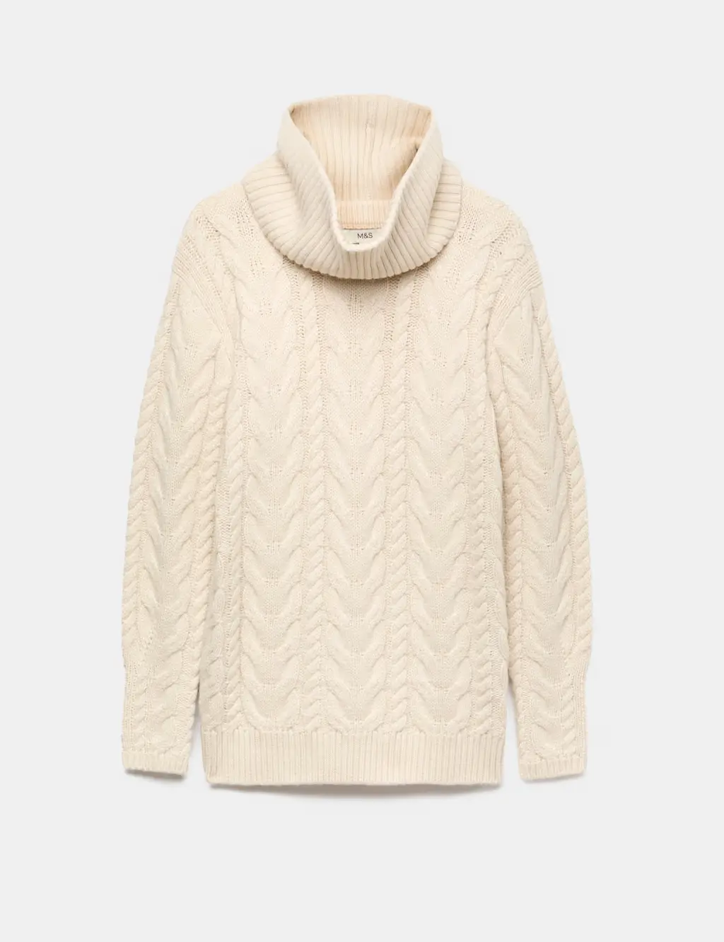 Cream chunky cable knit with an oversized roll neck.