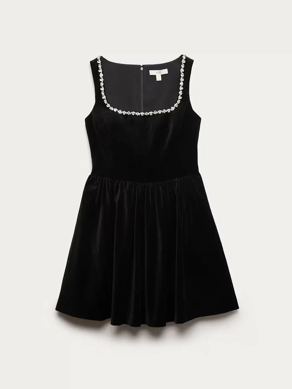 Black velvet mini dress with crystal-embellished square neck