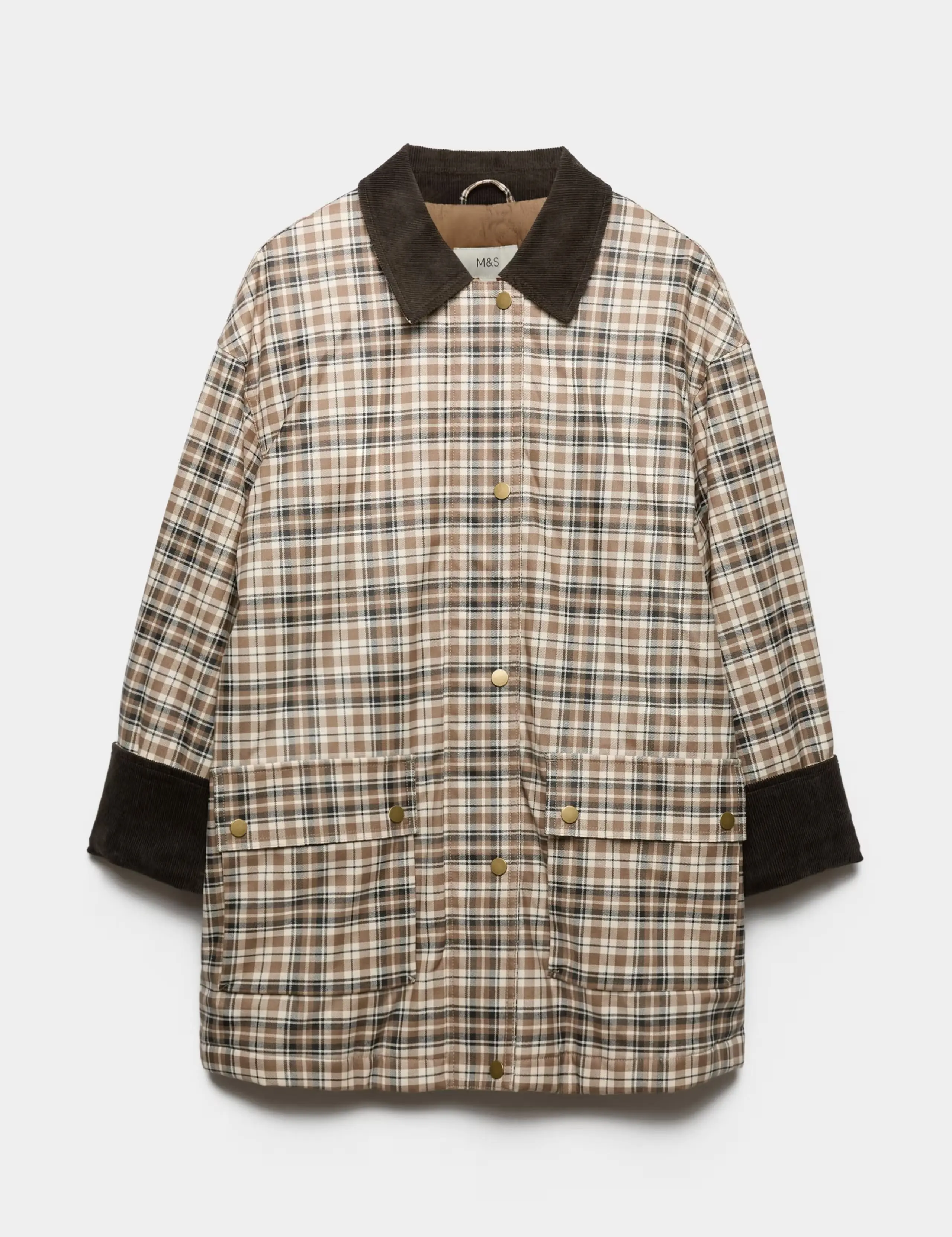 Brown checked barn jacket with a corduroy collar and long shape.