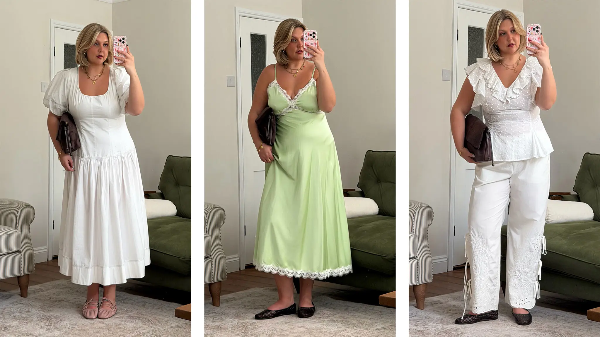 Woman in three summer outfits