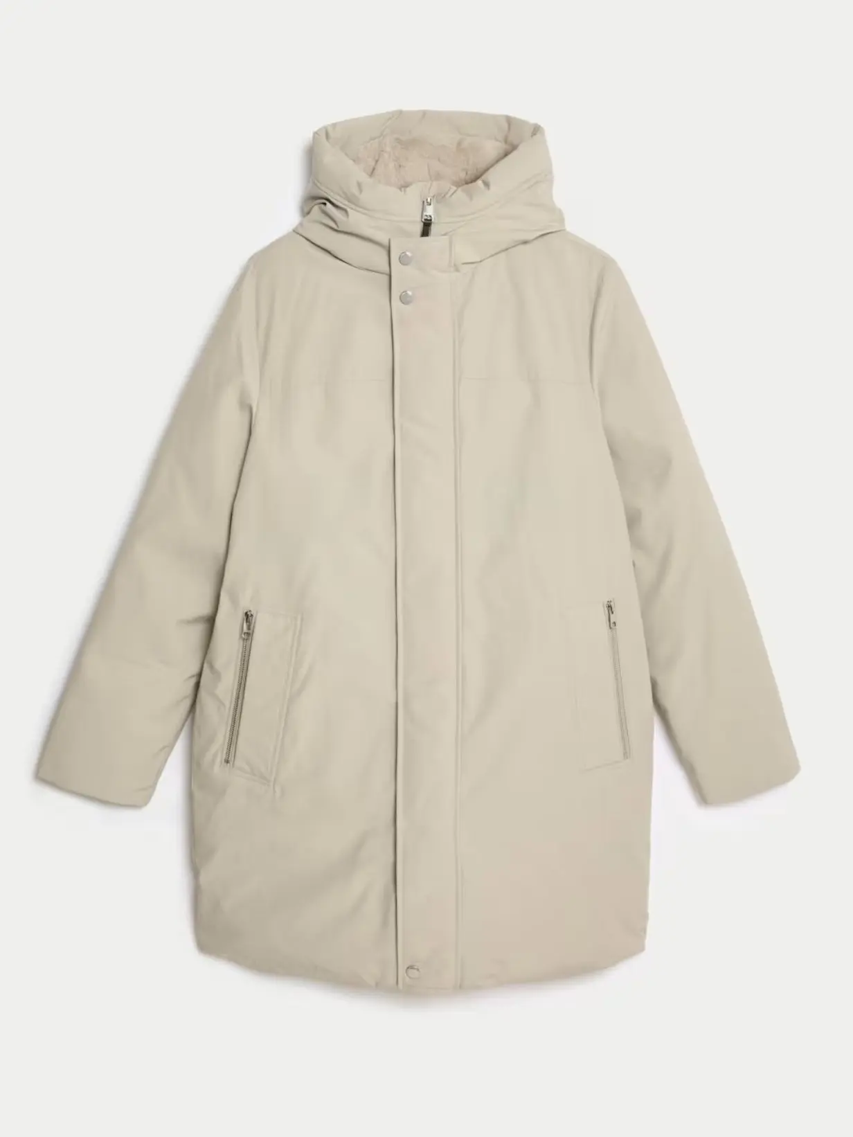 A cutout of a long cream mean's puffer jacket against a light grey background
