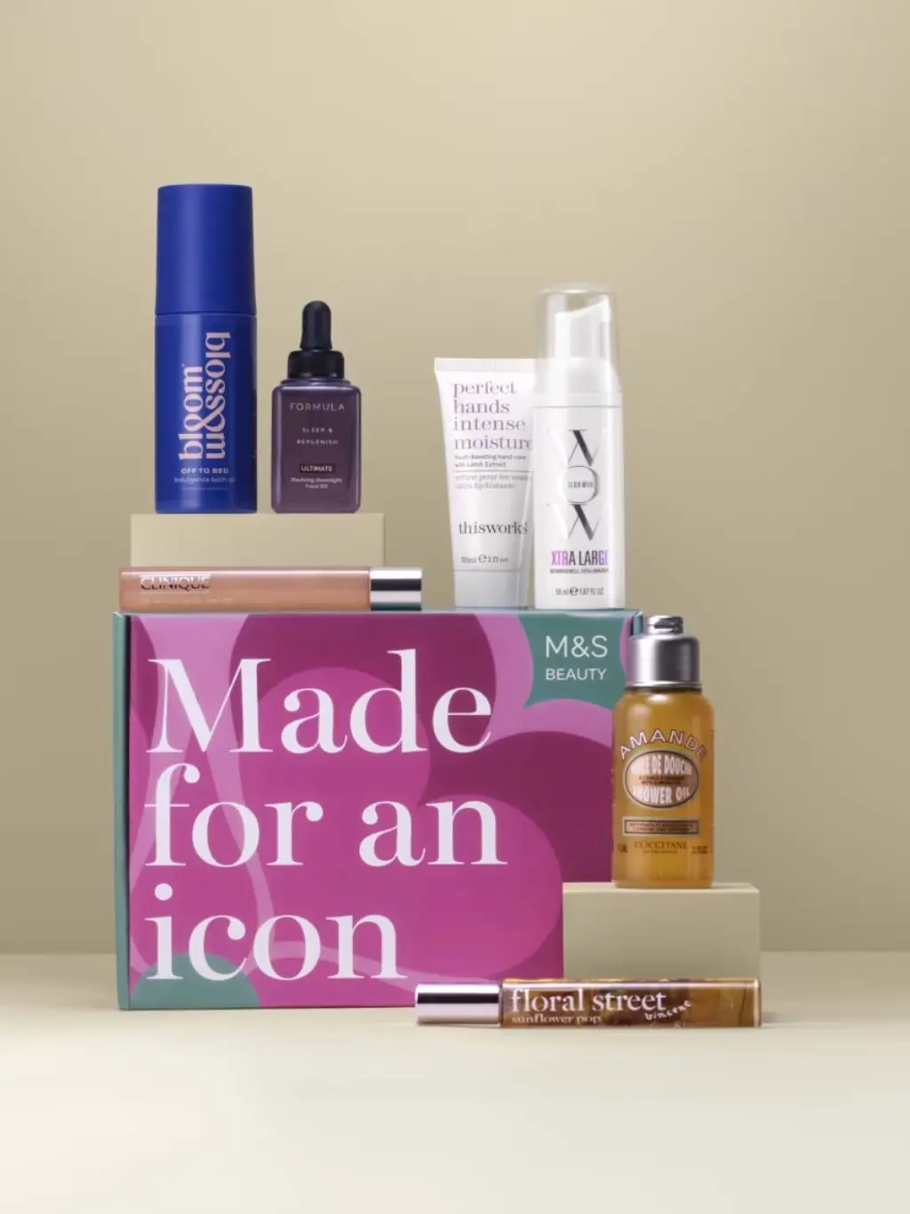 A shot of the M&S Made for an icon beauty box with all the products included in the box