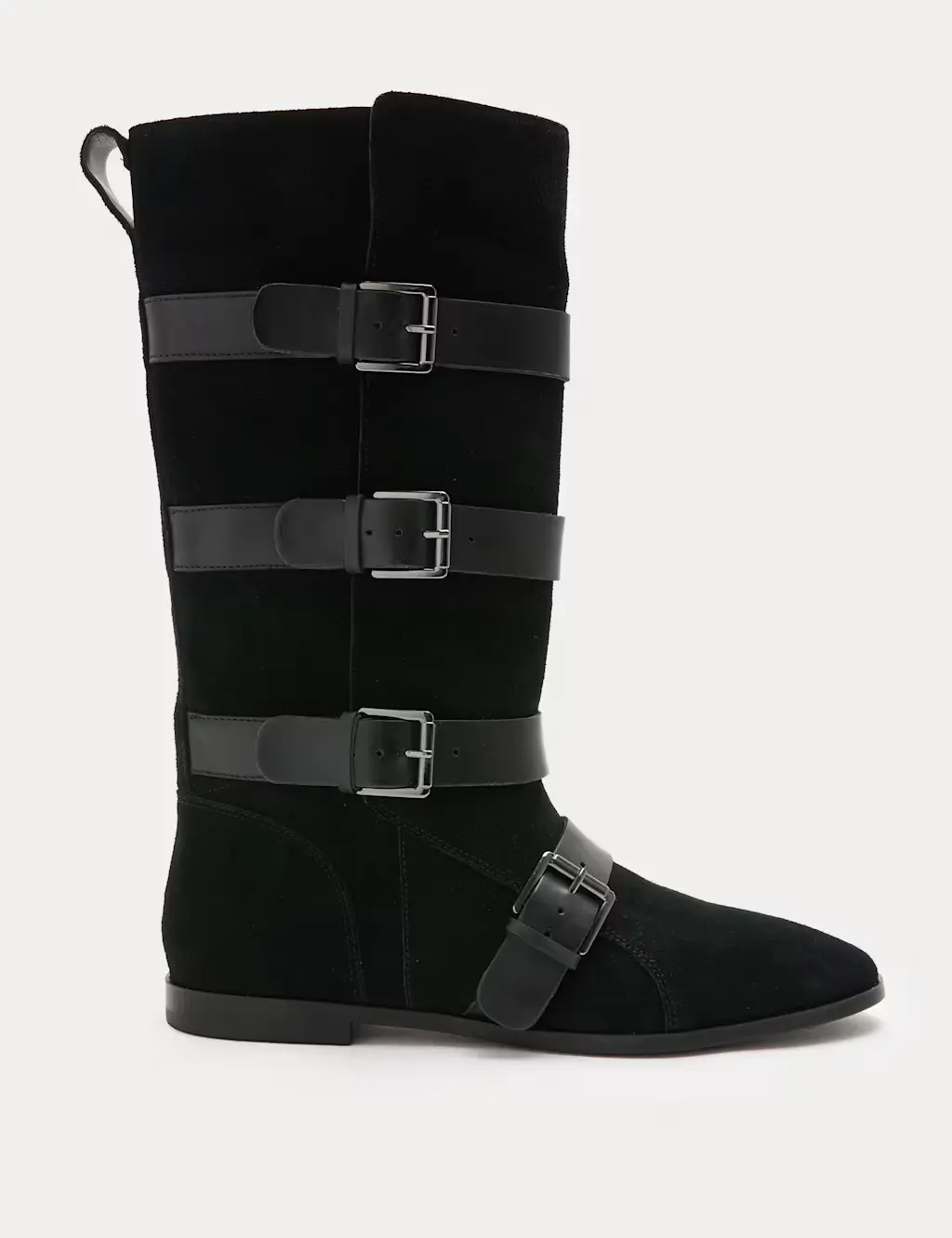 Suede Buckle Strap Mid Calf Flat Boots