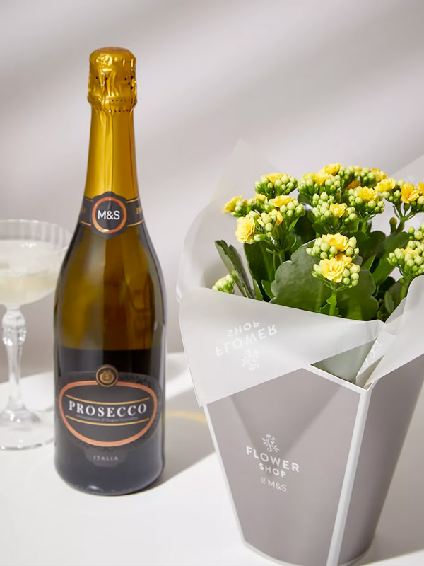 Prosecco bottle with flowers. Shop Thank you gifts