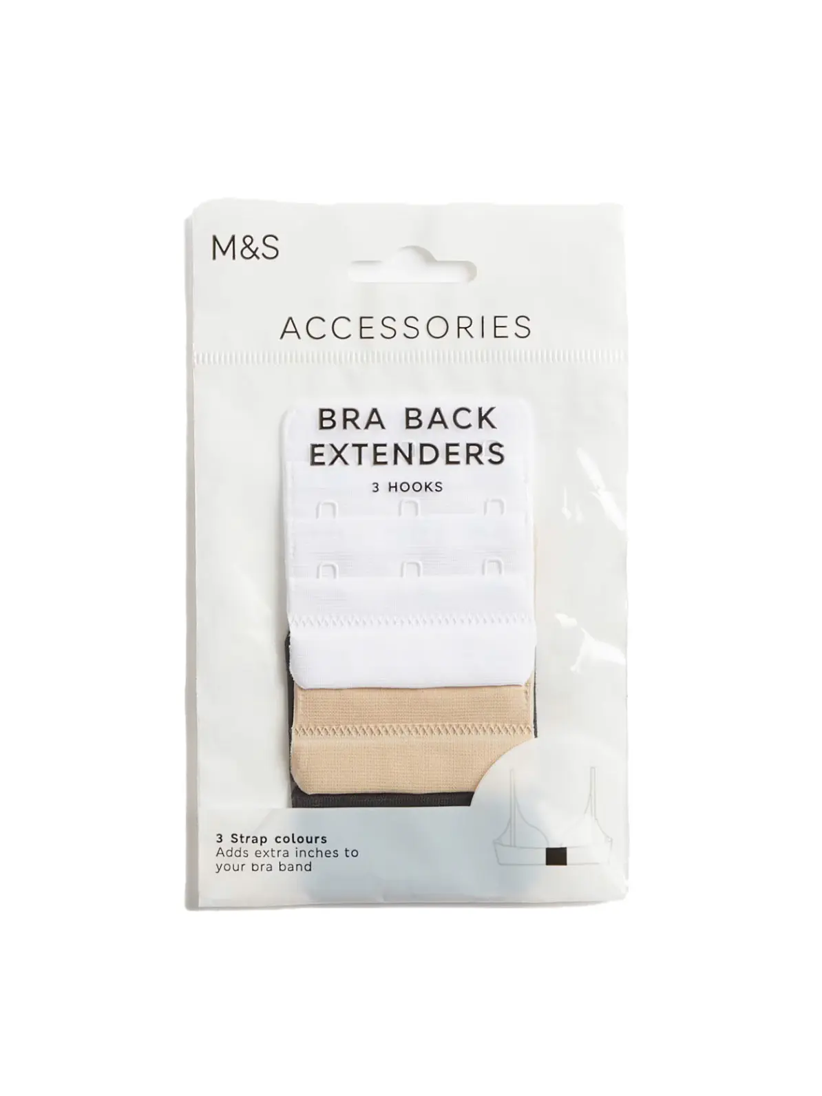 Image of a pack of 3 bra back extenders in white, nude and black 