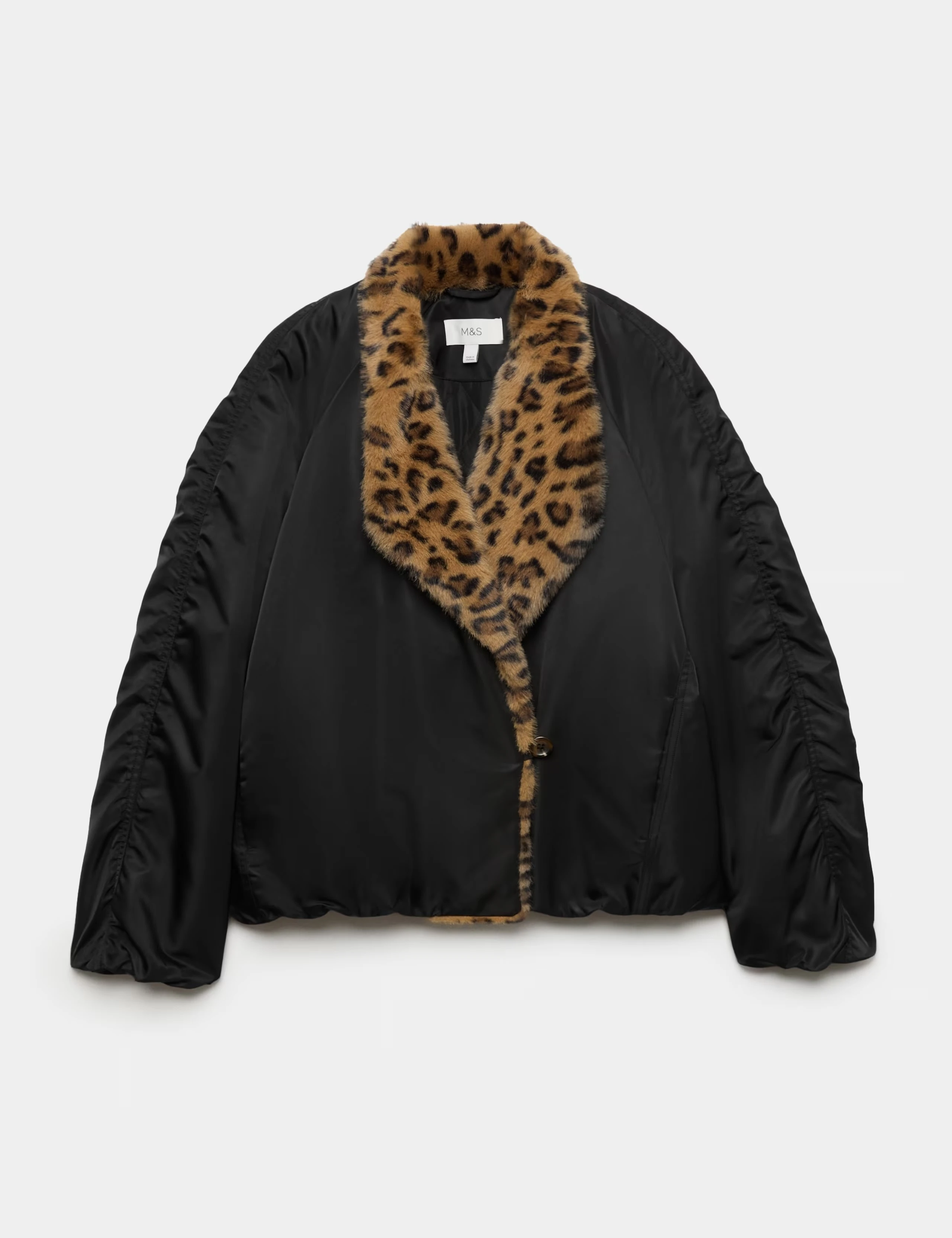 Black satin bomber jacket with a faux fur leopard print collar.