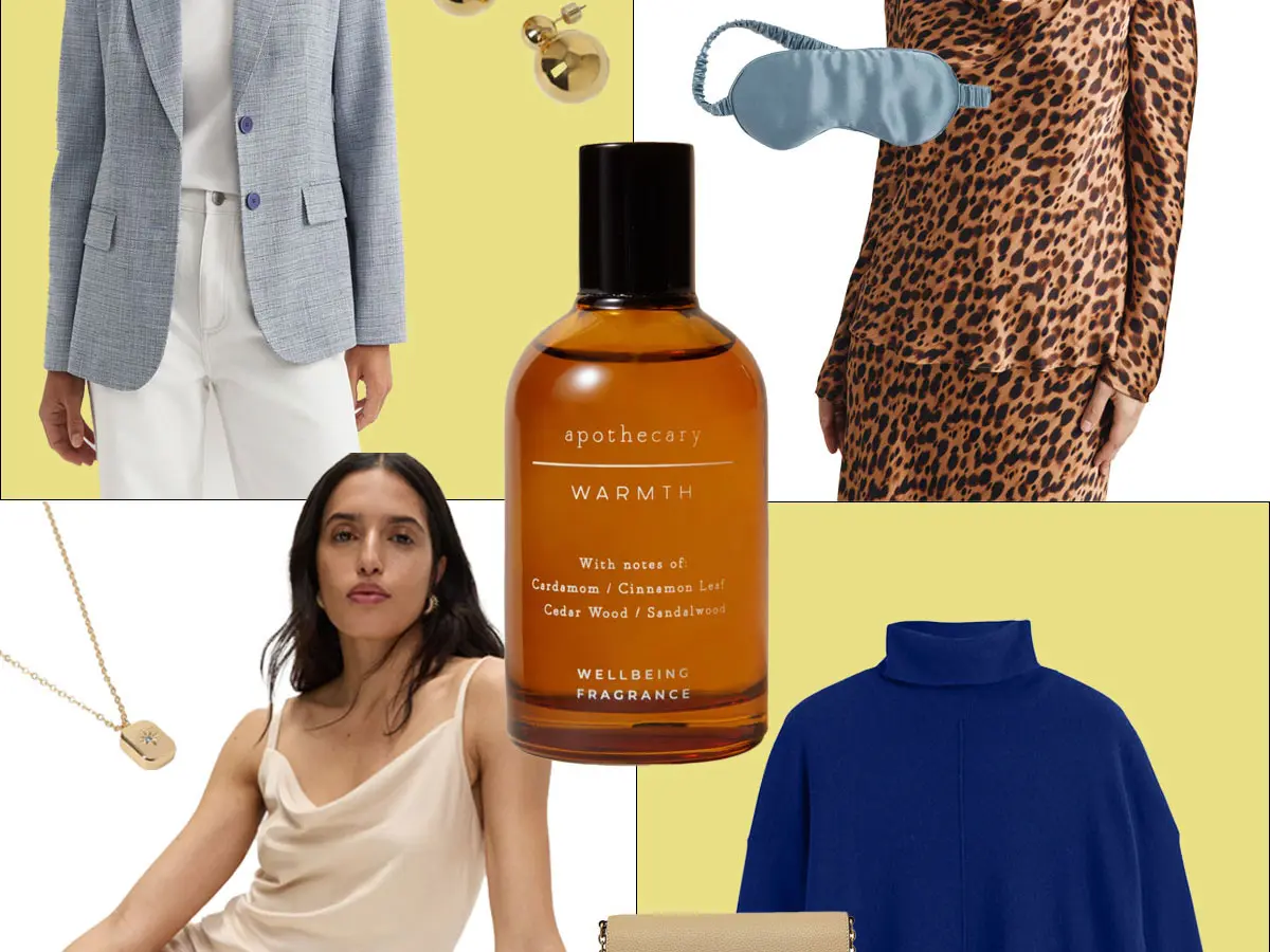 Collage of different products including perfume, eye mask, jumper and jewellery
