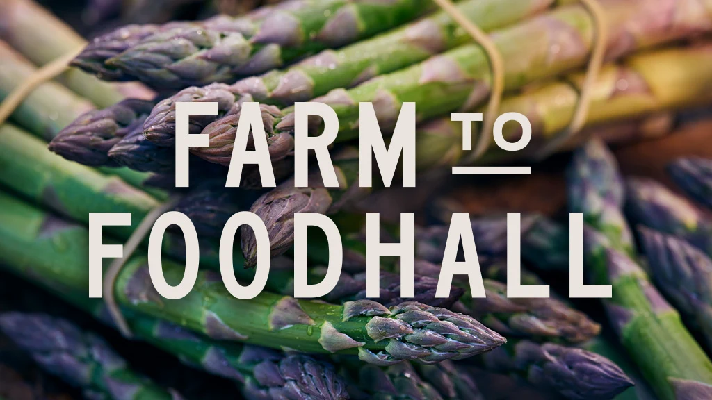 Close up of asparagus with Farm to Foodhall logo