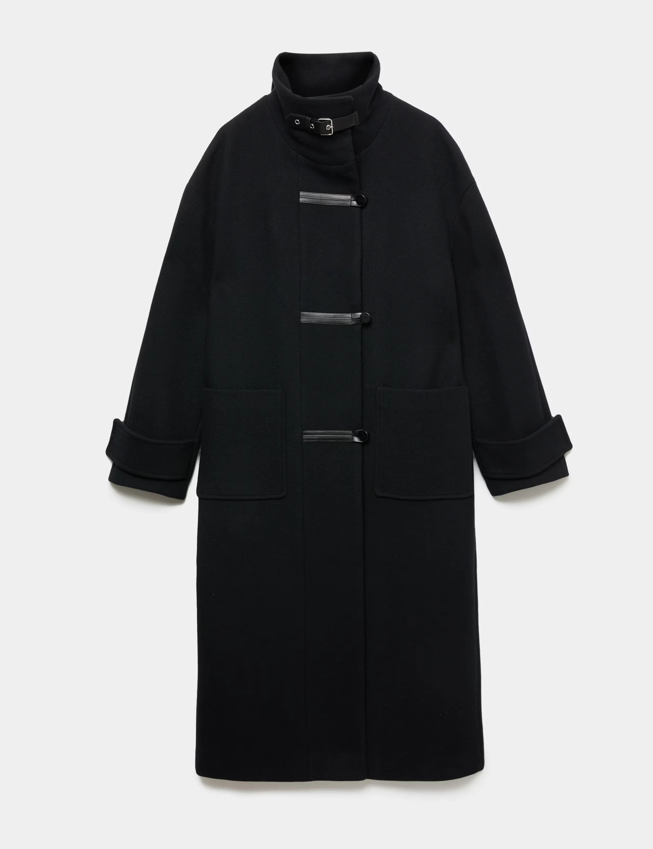 Longline black coat with a funnel neck and belted fastenings down the front.