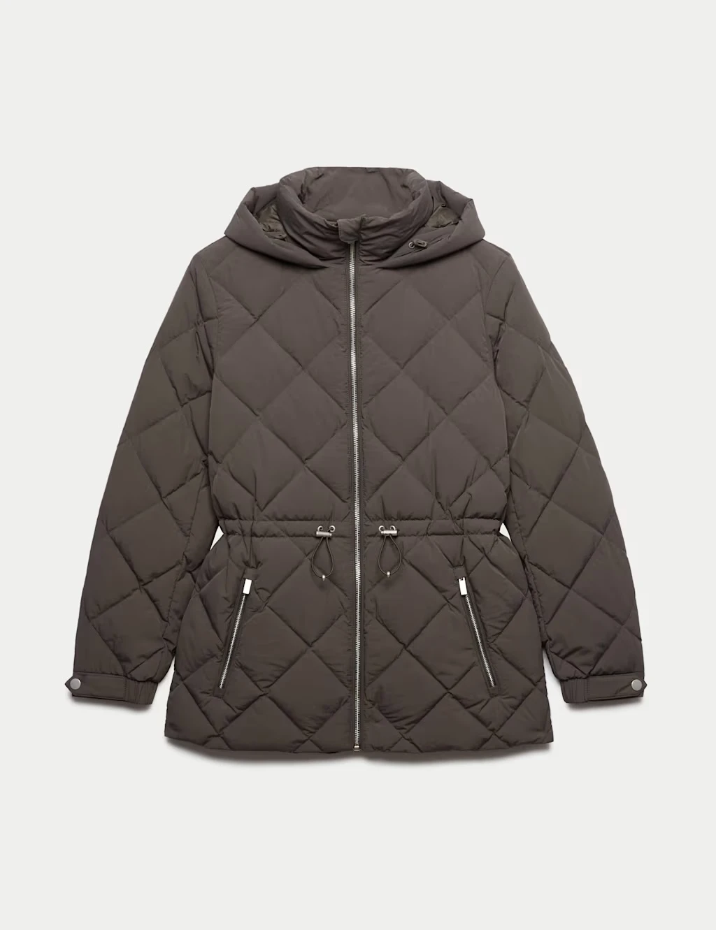 Brown quilted puffer coat with a cinched waist, hood and zipped front pockets.