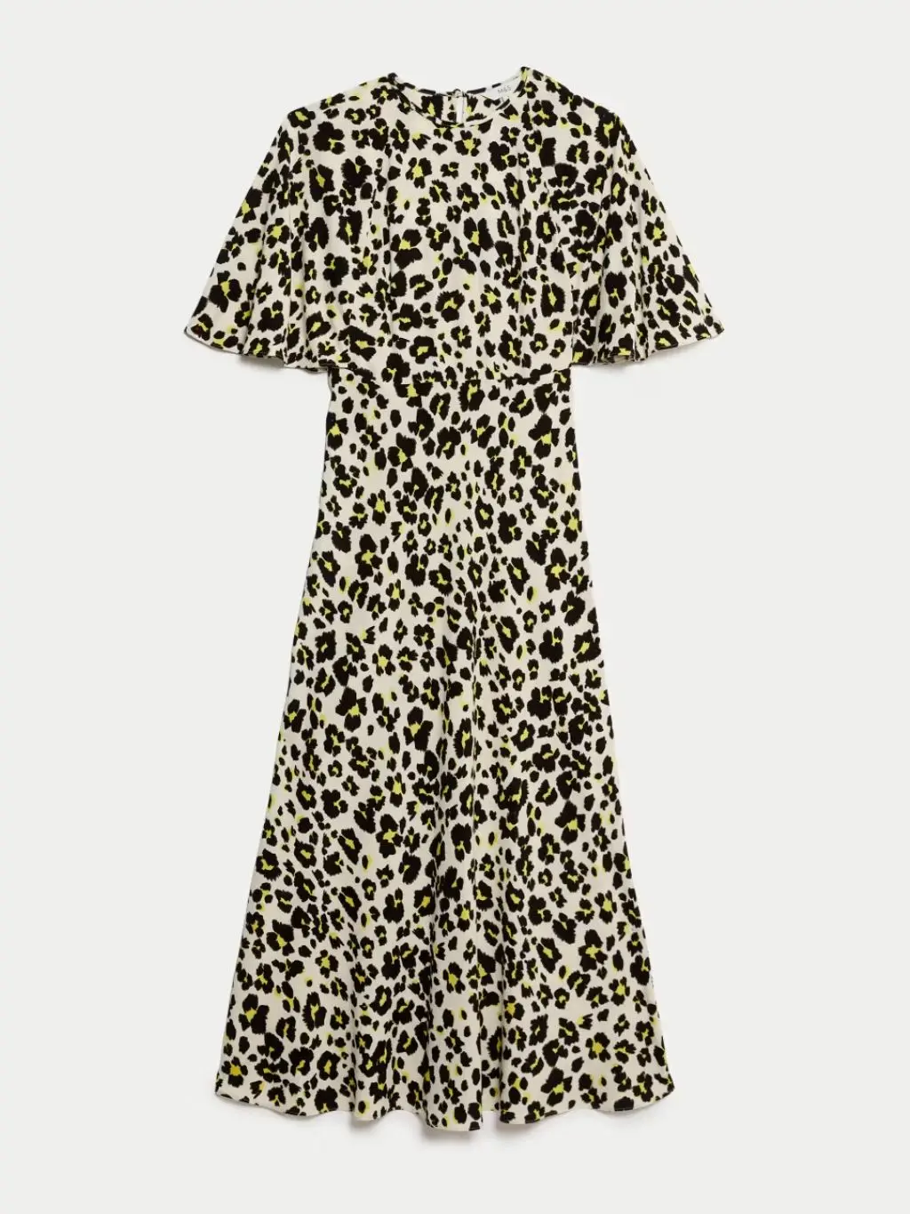 A cut out of a pretty yellow and black leopard print tea dress