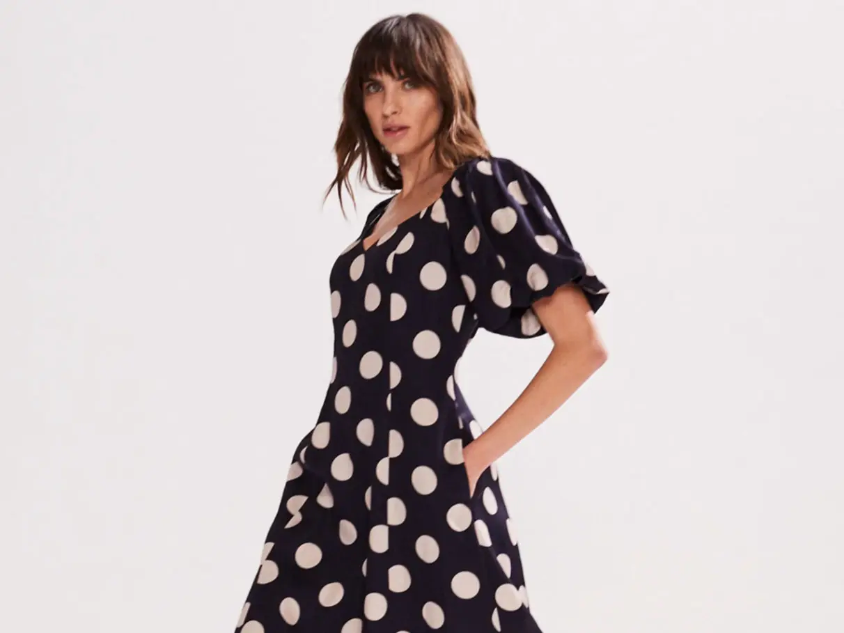 Woman wearing black and white polka dot dress