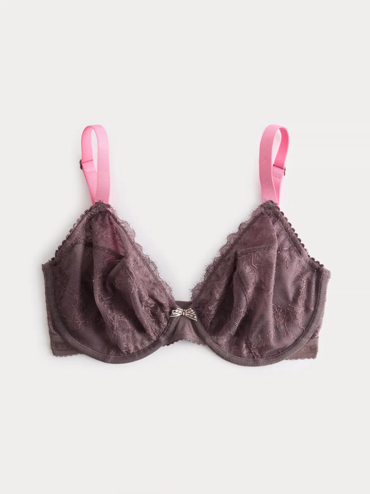 Purple bra with contrasting pink straps 