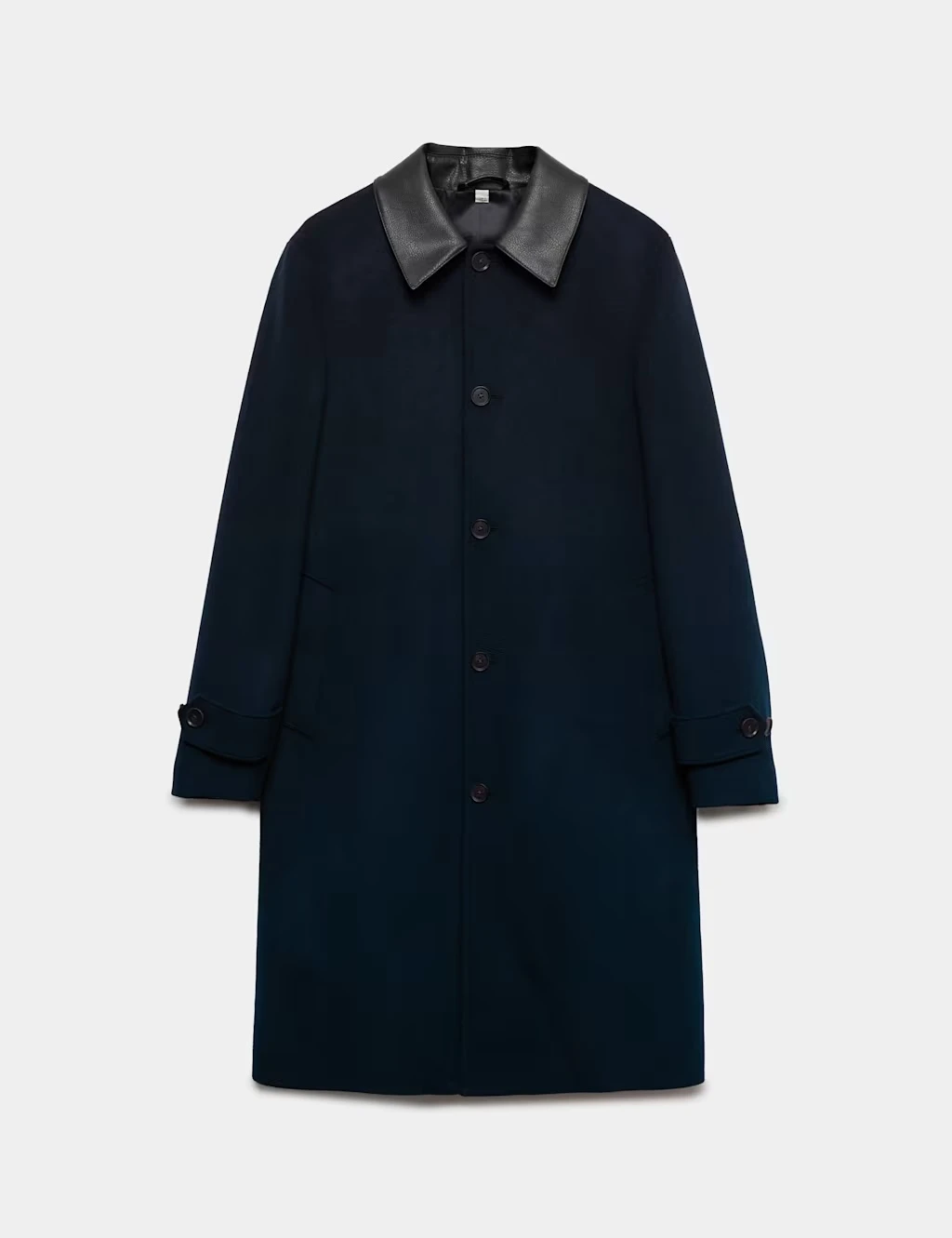 Dark navy wool coat with a contrasting collar.