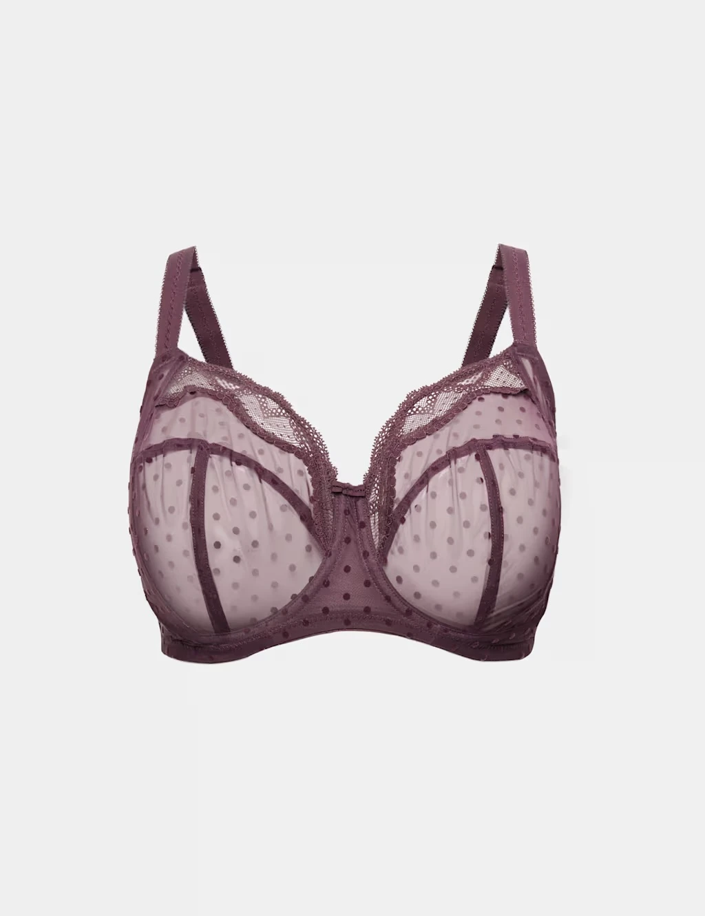 Burgundy bra with lace polka dot detailing.