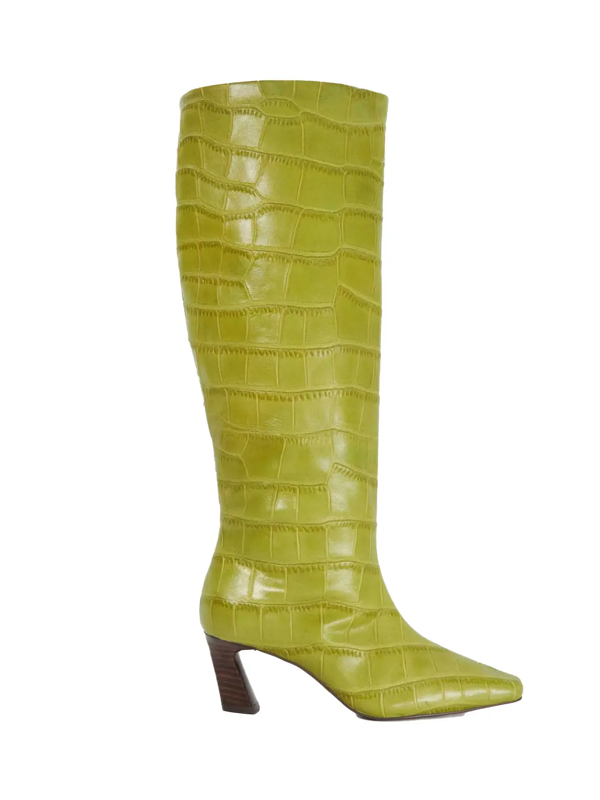 Lime green heeled knee-high boot in mock-croc design