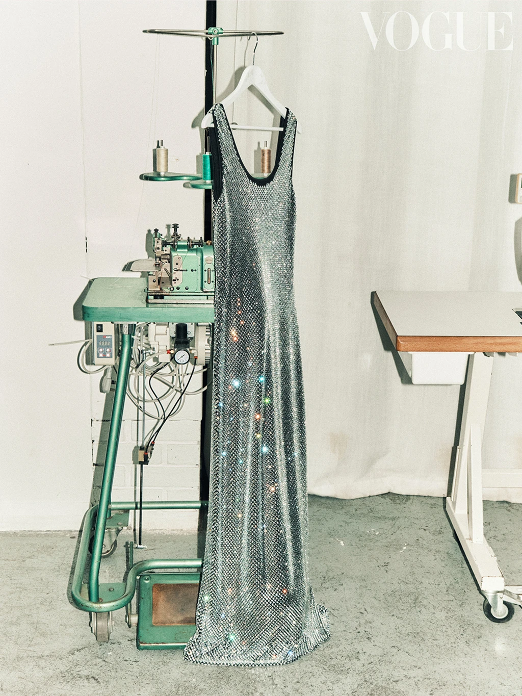 Embellished evening dress by M&S x 16Arlington hanging in Marco Capaldo's design studio