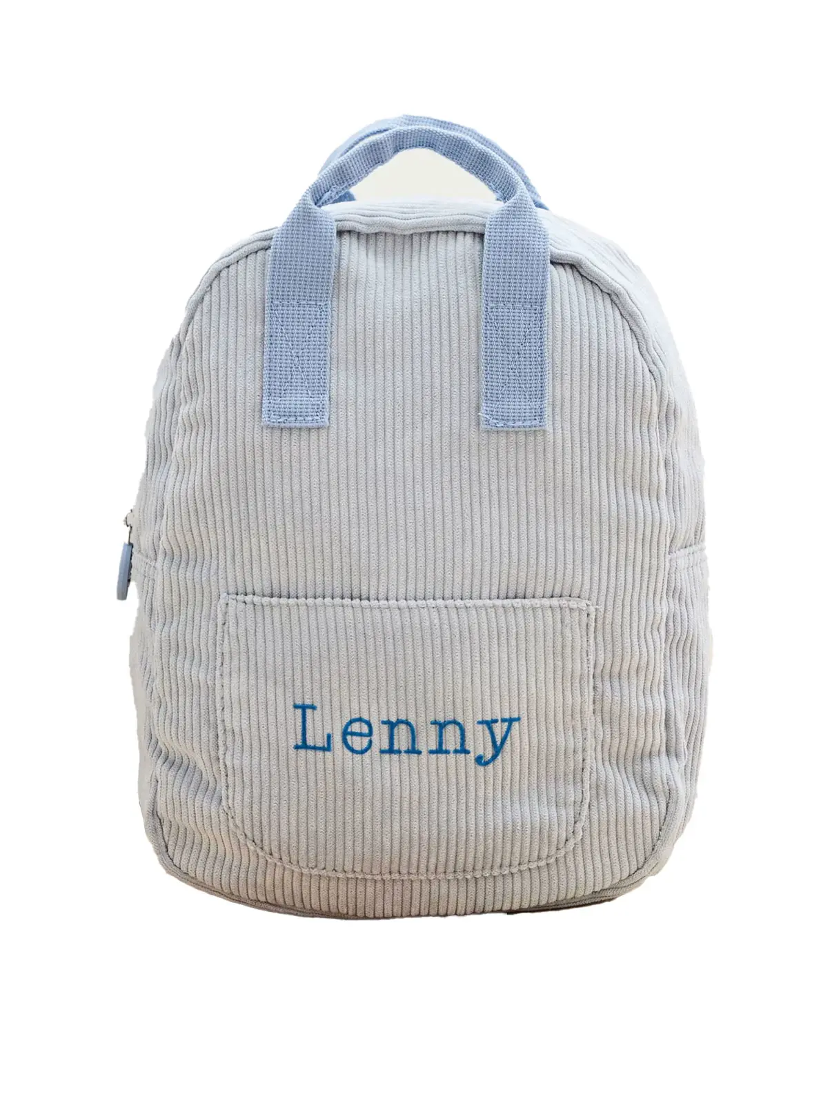 Blue corduroy backpack with front pocket and name embroidery