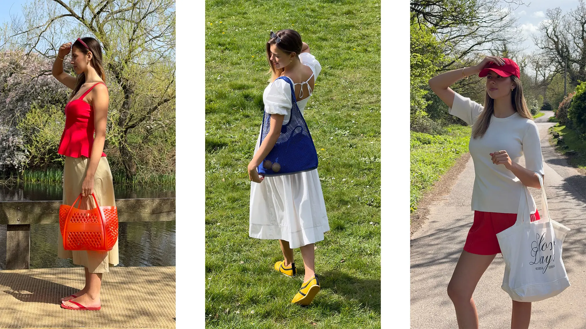 Three images of women in bright, colourful outfits