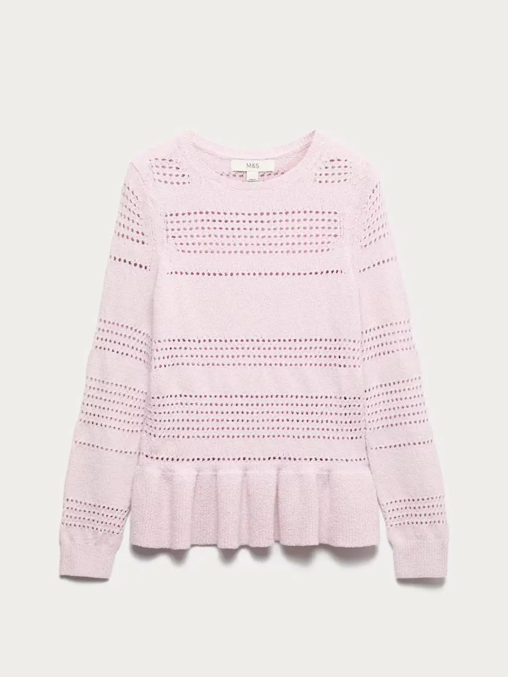 Pink pointelle knit jumper with peplum hem
