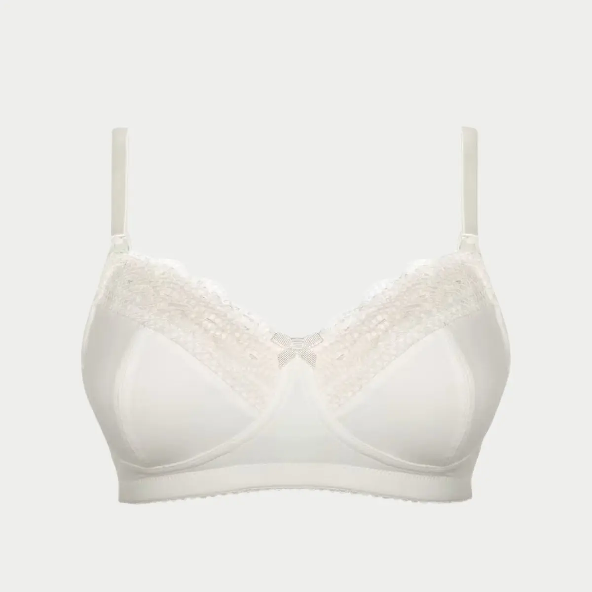 A cut out of a pretty white lace non-wired nursing bra by Hotmilk