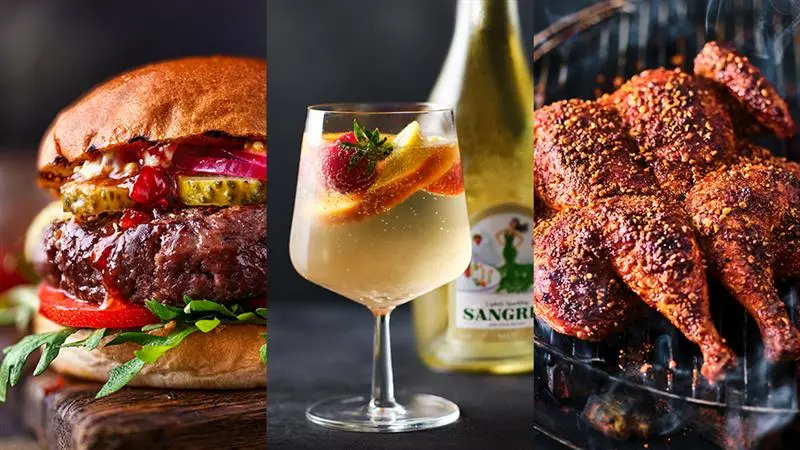Burger, glass of sangria, grilled chicken