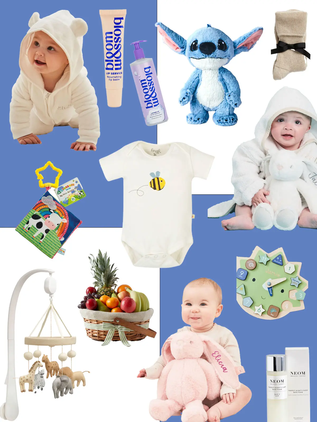 Collage of an assortment of baby shower gifts including sleepsuits, toys, a fruit basket, a soft animal hanging mobile and beauty products