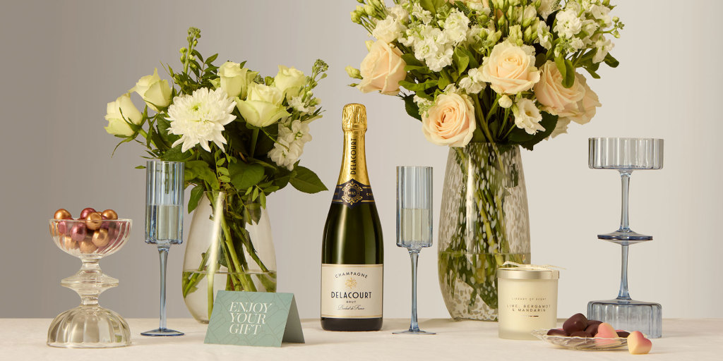 Bouquet, wine & glasses. Shop Wedding gifts