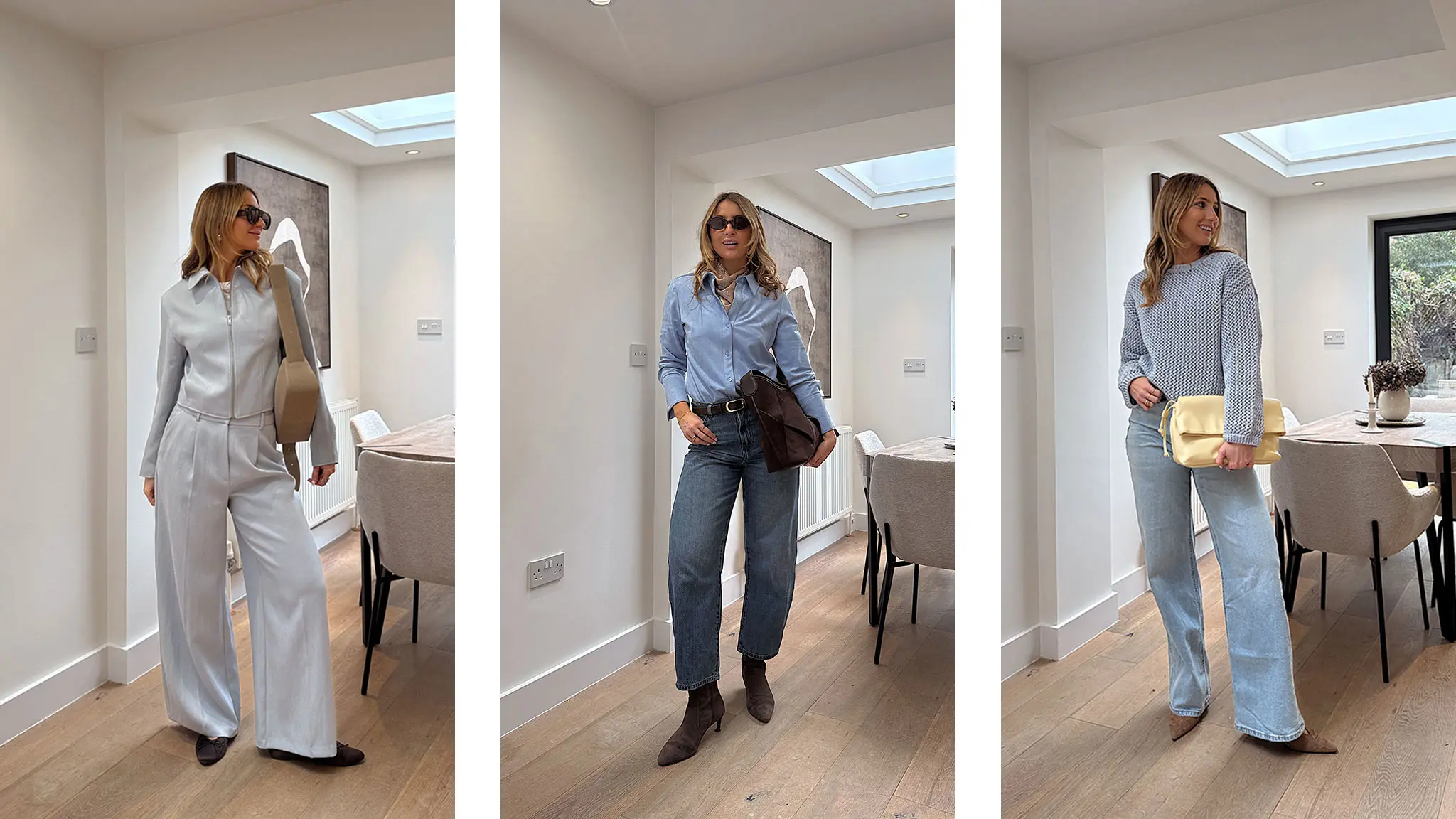 Woman wearing different icy-blue outfits including a jacket, tailored trousers, a shirt and a cosy knit