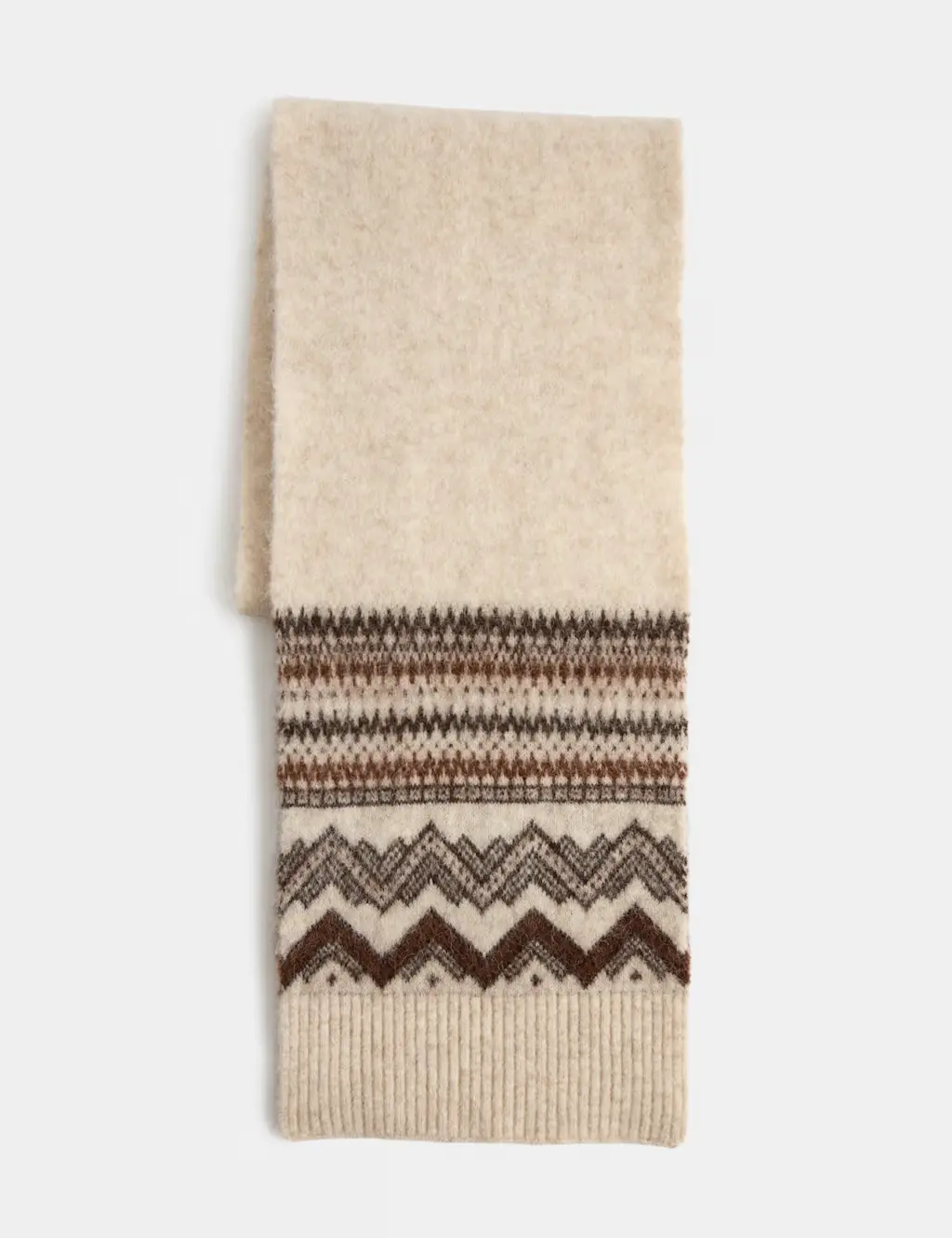 Beige alpaca slim scarf with a tonal fair isle pattern.