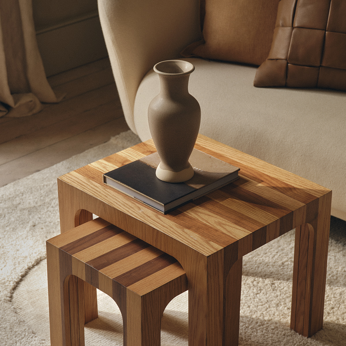 Two wooden side tables with lamp