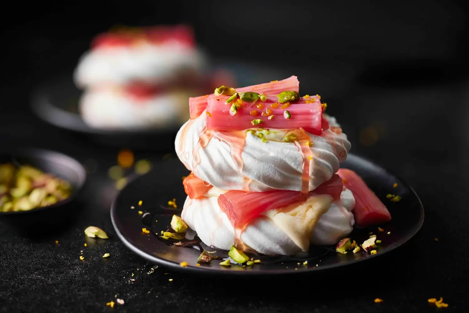 Pavlovas with poached rhubarb