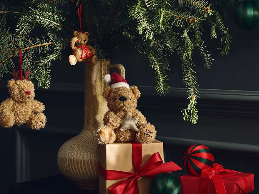 Christmas tree with Spencer bear and Christmas Eve box