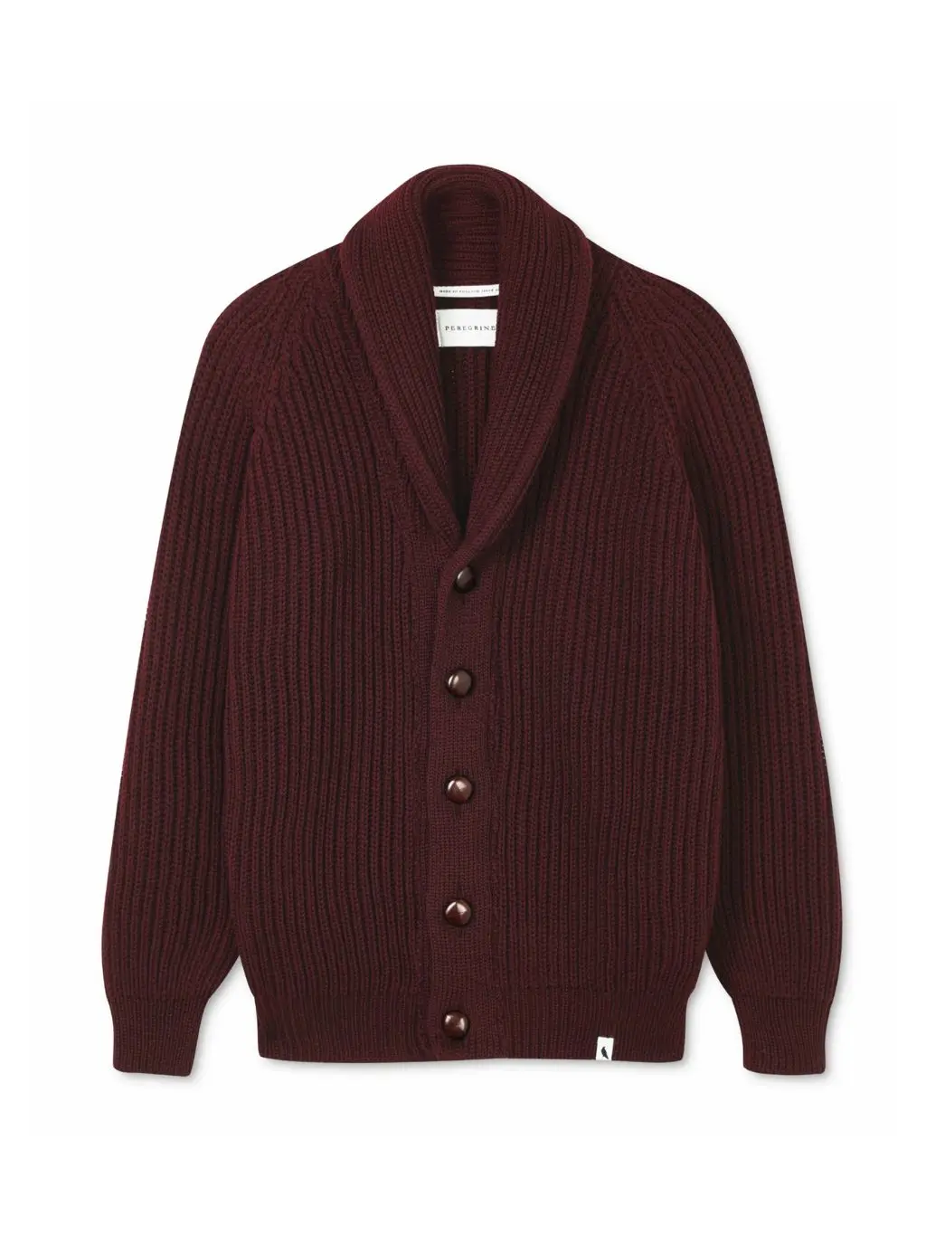 A cutout of a burgundy shawl neck cardigan